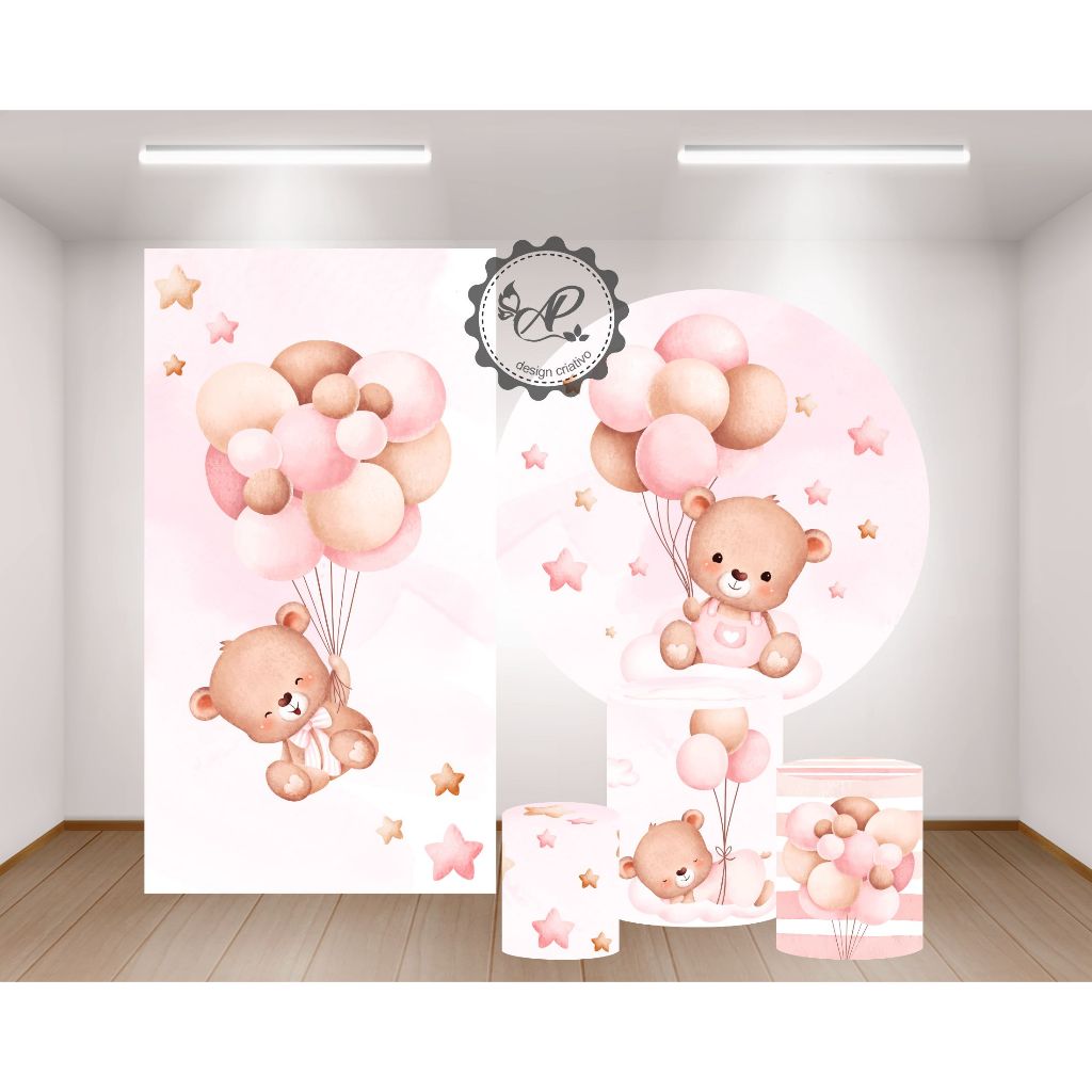 KIT PARA FESTAS, TEMA URSINHO CUTE CHÁ DE BEBÊ, REDONDO 1,5m DE DIÂMETRO + CILINDROS + LATERAL 200X100