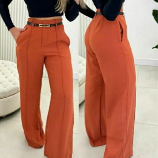 Calça Alfaiataria Pantalona Feminina com Cinto Social Cintura Alta Moda Blogueira em Oferta na Shopee