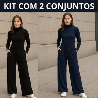 Kit com 2 Conjunto Viscolycra Pantalona e Blusa Feminina Estilosa Gola Alta Manga Longa Cacharrel
