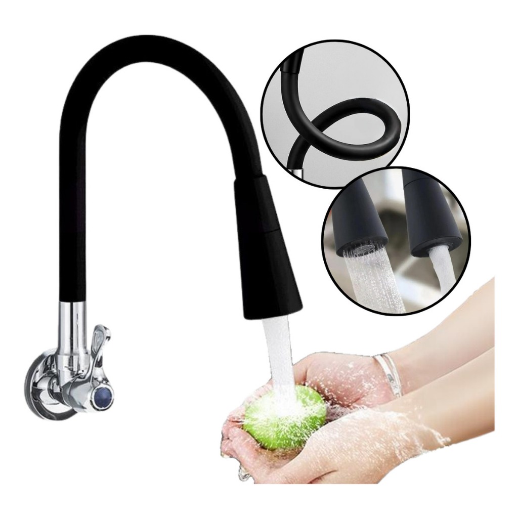 Torneira Parede Cozinha Gourmet Preta Flexivel 2 Jatos 1/4 de Volta Para Mesa Pia Bancada e Mármore