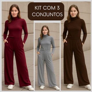 Unidade ou kit com 3 Conjunto Feminino em Malha Viscolycra Calça Pantalona e Blusa Feminina Manga Longa Gola Alta