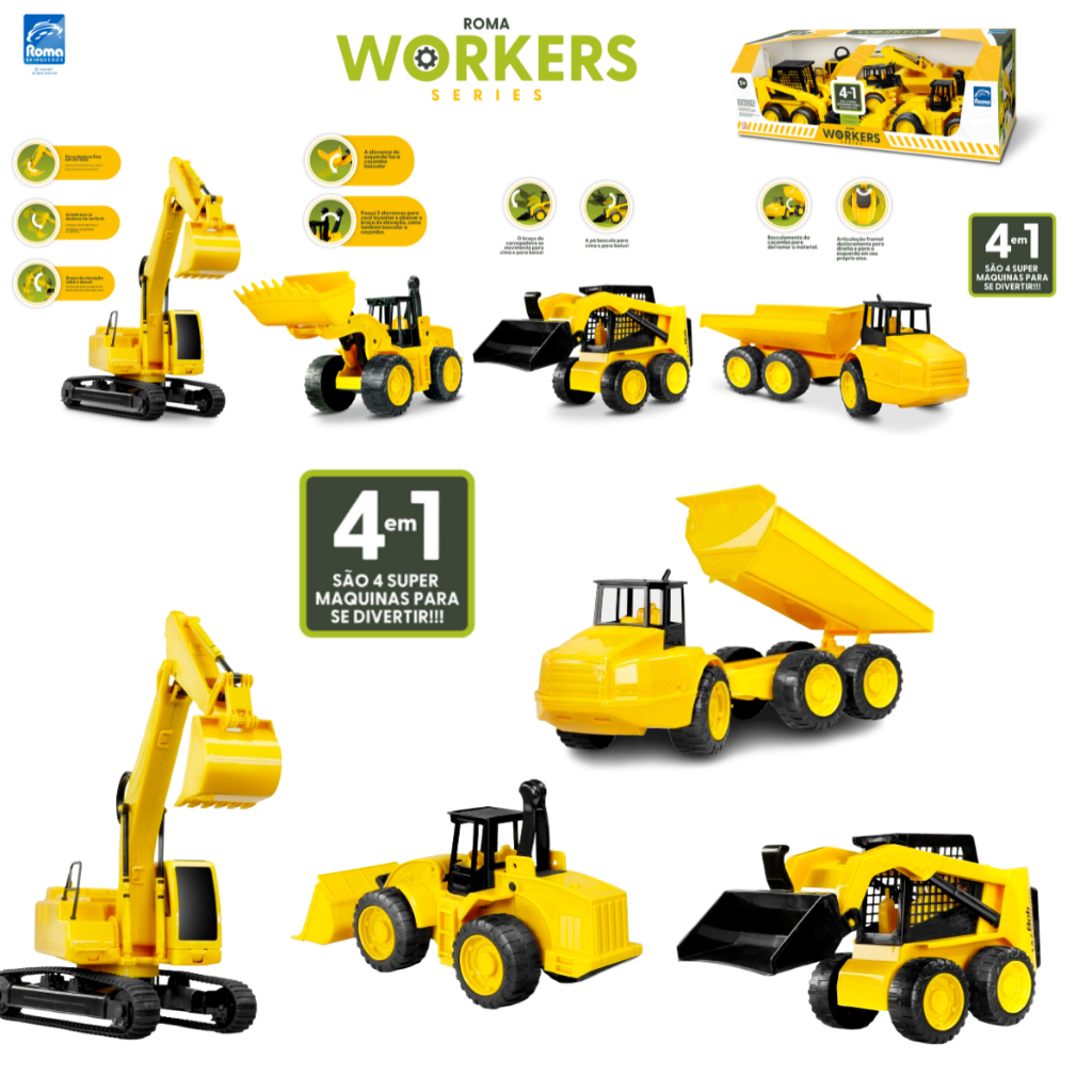 Kit 4 Maquinas Workers Caminhão Bob Cat Carregadeira Retroescavadeira - Roma Brinquedos De Menino em Oferta na Shopee