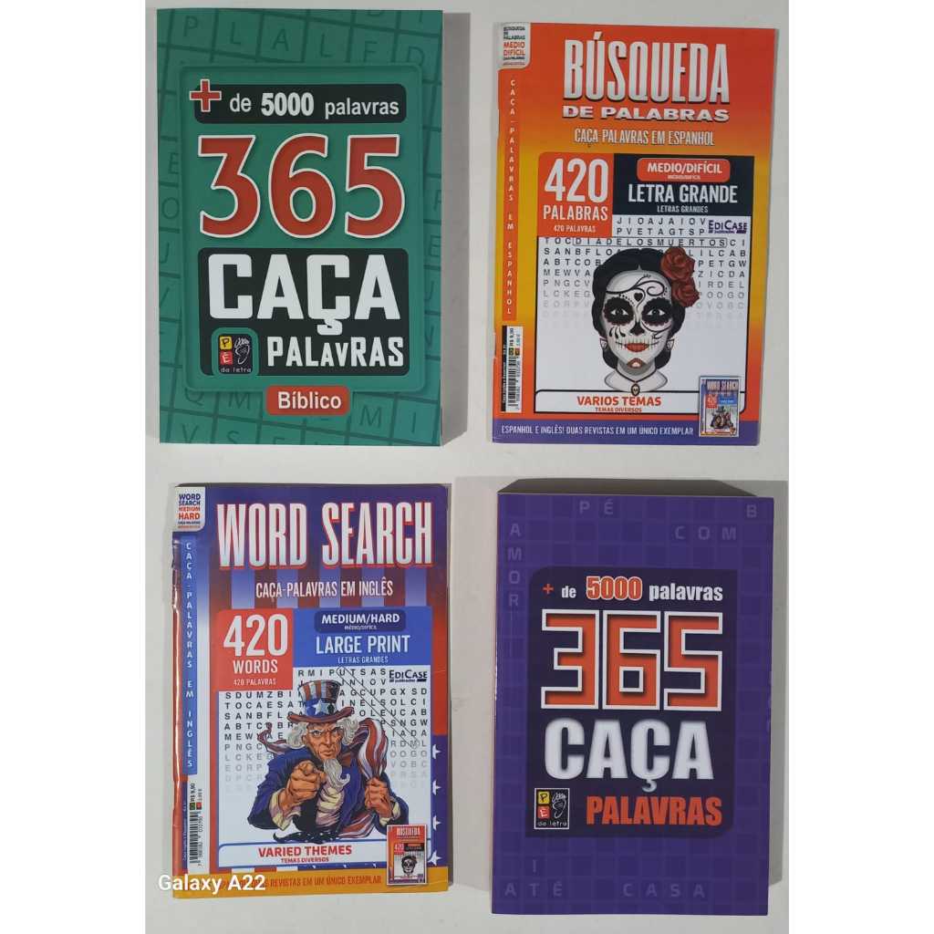 Kit 2 Livros 365 Caça Palavras Letrão Bíblico + 1 Livro Caça Palavras Inglês/Espanhol