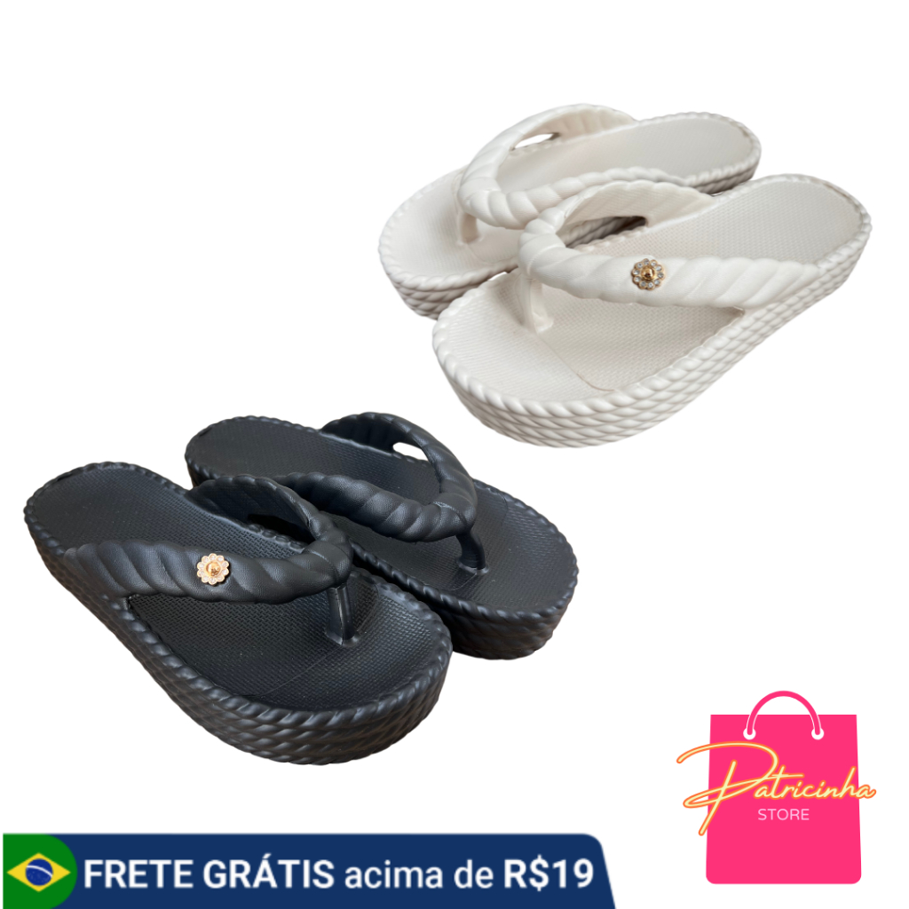 Chinelo Yvate Plataforma Feminino com 1 Pingente Dourado – Preto ou Off White, Super Confortável, Antiderrapante e Leve