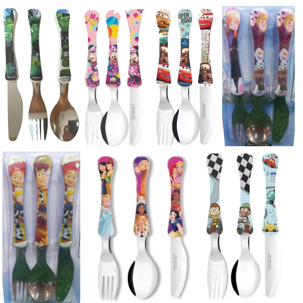 Kit talheres infantil Colher Garfo Faca inox Disney frozen princesas mickey carros original escolar