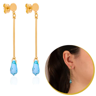 Brinco Festa Feminino Banho a Ouro Longo Gota Zircônia Azul Piscina