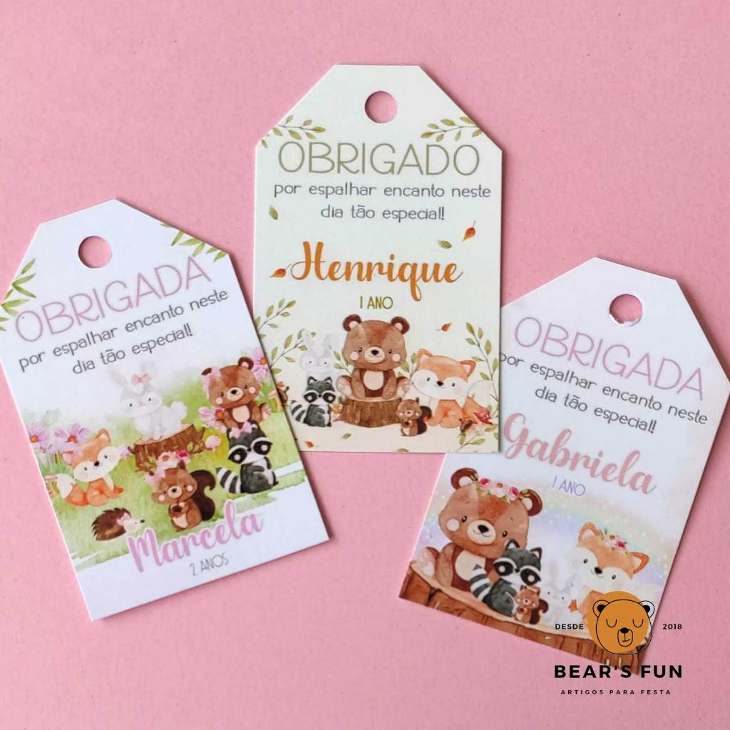 TAG Lembrancinha Bosque Encantado • Cartão Agradecimento com Nome e Idade • Festa•Aniversário•Personalizado