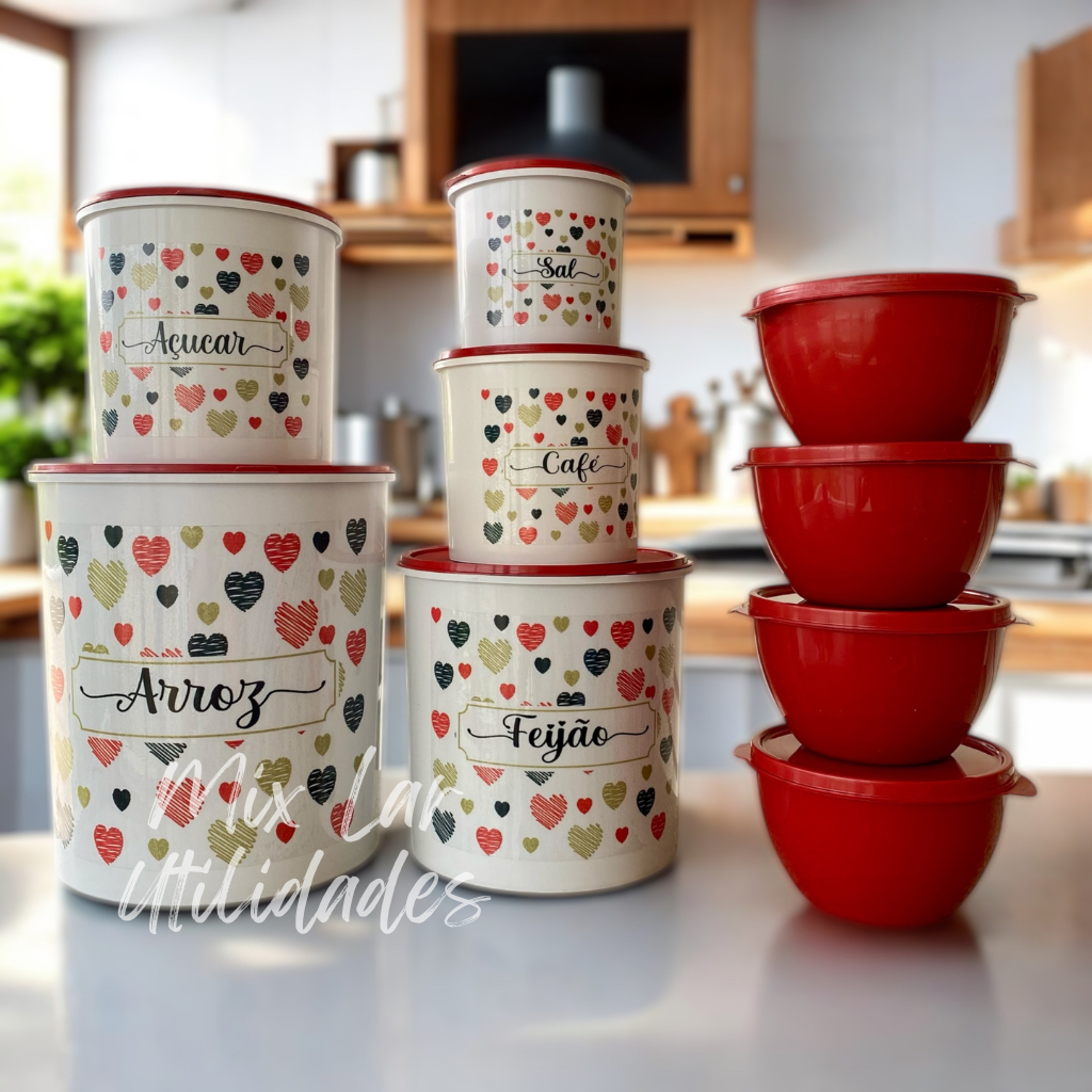 Kit com potes mantimentos cozinha plástico decorado 9 peças para condimentos