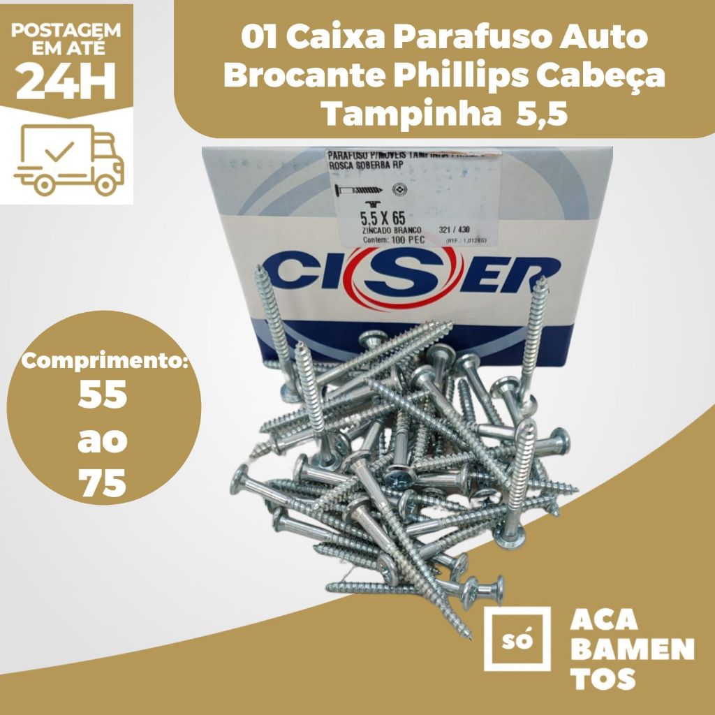 Parafuso Auto Brocante Phillips 5,5 Cabeça Tampinha Cpl Mdf Madeira Aglomerado MDP Parede Metal