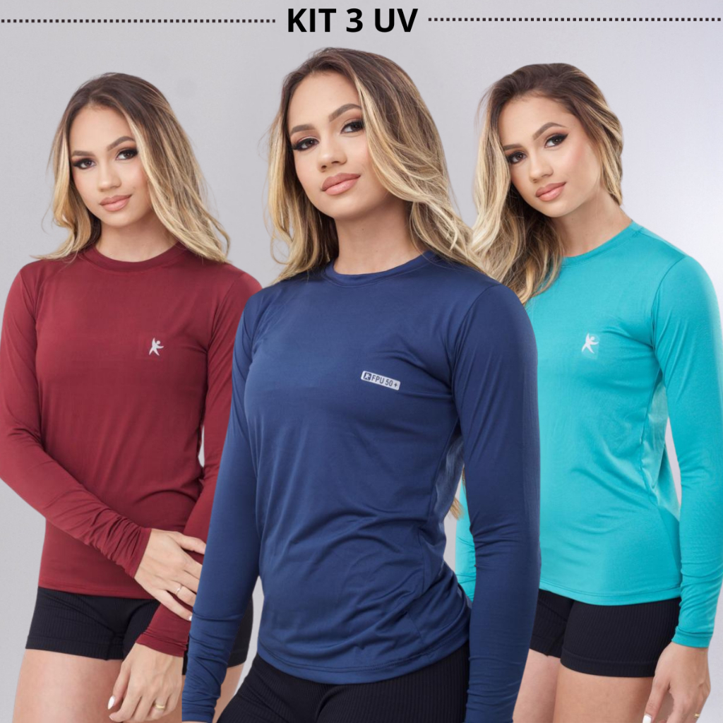 kIT 3 Camisa Térmica Feminina Proteção Uv 50+ Segunda Pele Camiseta Malha Fria Manga Longa...
