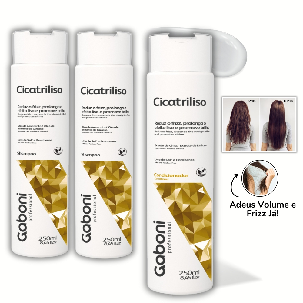Shampoo Antifrizz Cicatriliso (2 unidades) + Condicionador Antifrizz Cicatriliso (1 unidade) Gaboni