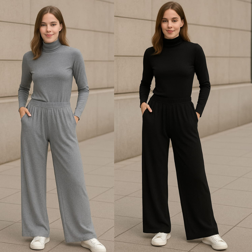 Kit com 2 Conjunto Alfaiataria Blusa Feminina Gola Alta Manga Longa Viscolycra Estilo Social Calça Pantalona com Bolso