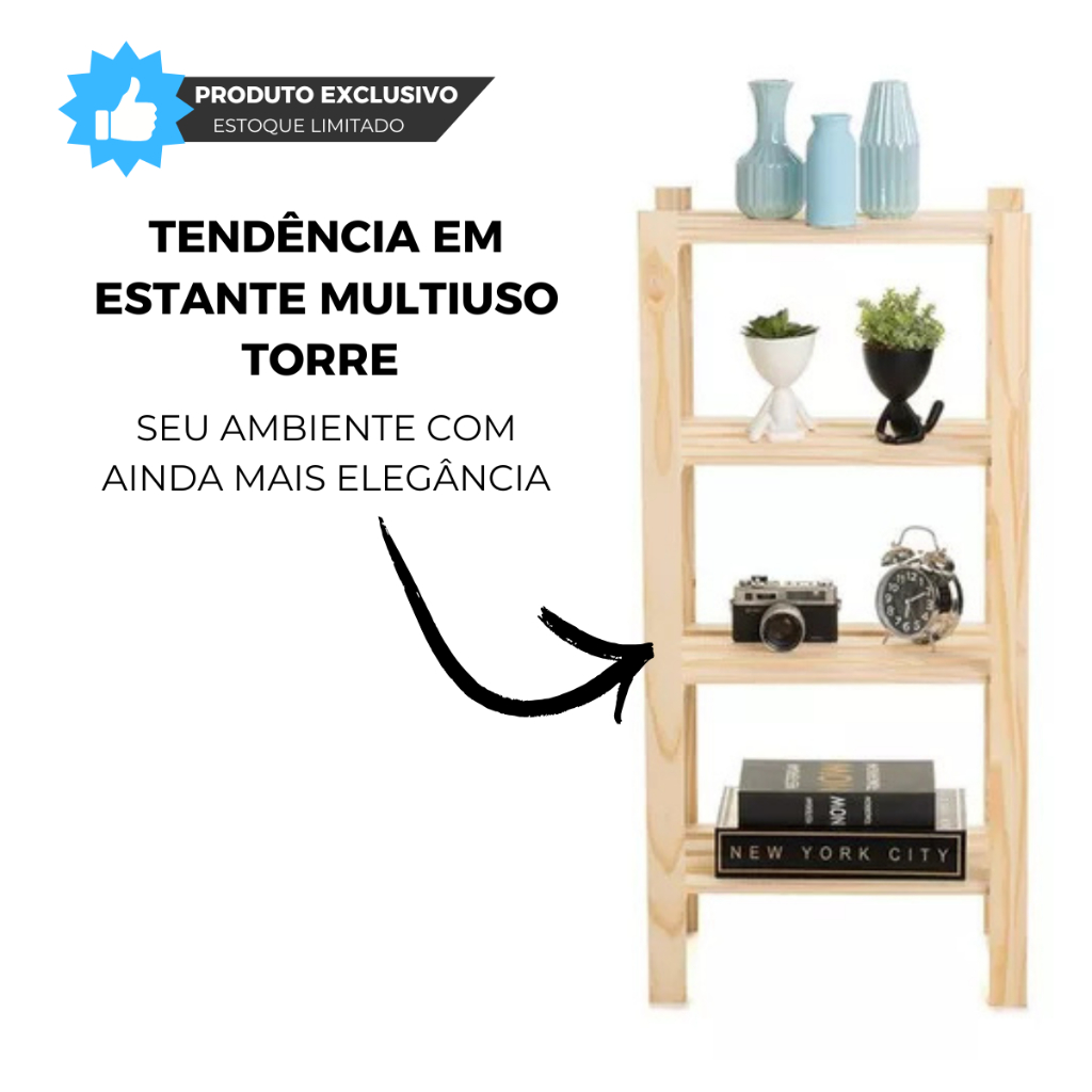 Torre de Madeira em Pinus Natural 75cm 4 Prateleiras Multiuso