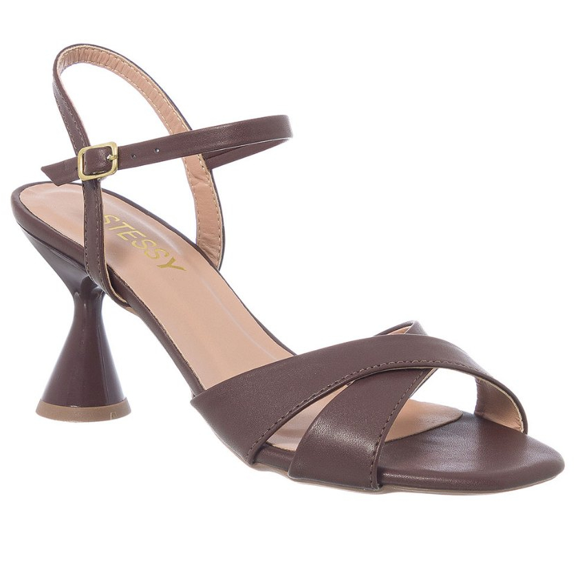 Sandália Feminina Salto Taça Carrossel Rolha Com Tiras Confortável Fivela Clássica Marrom em Oferta na Shopee