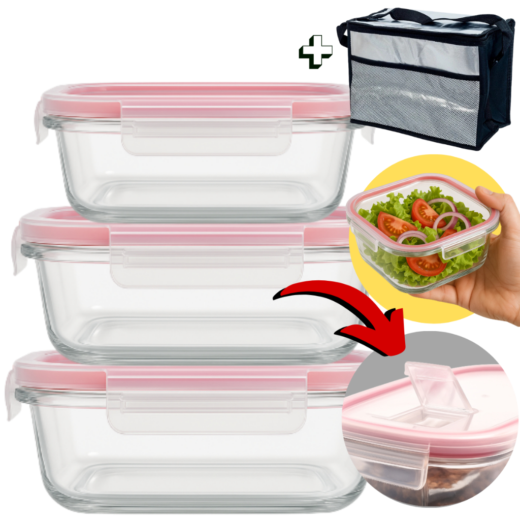 Kit Potes de Vidro Hermético com Tampa Marmita Freezer Microondas