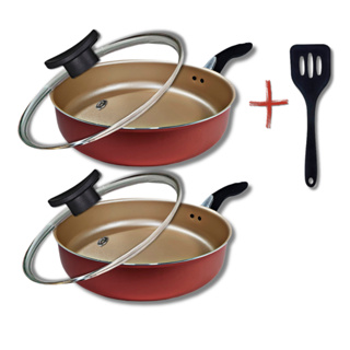 Kit 2 Frigideiras Antiaderentes Com Tampa de Vidro Tamanho 18cm e 20cm Cor Cereja Fácil de Limpar + Espátula Nylon em Oferta na Shopee