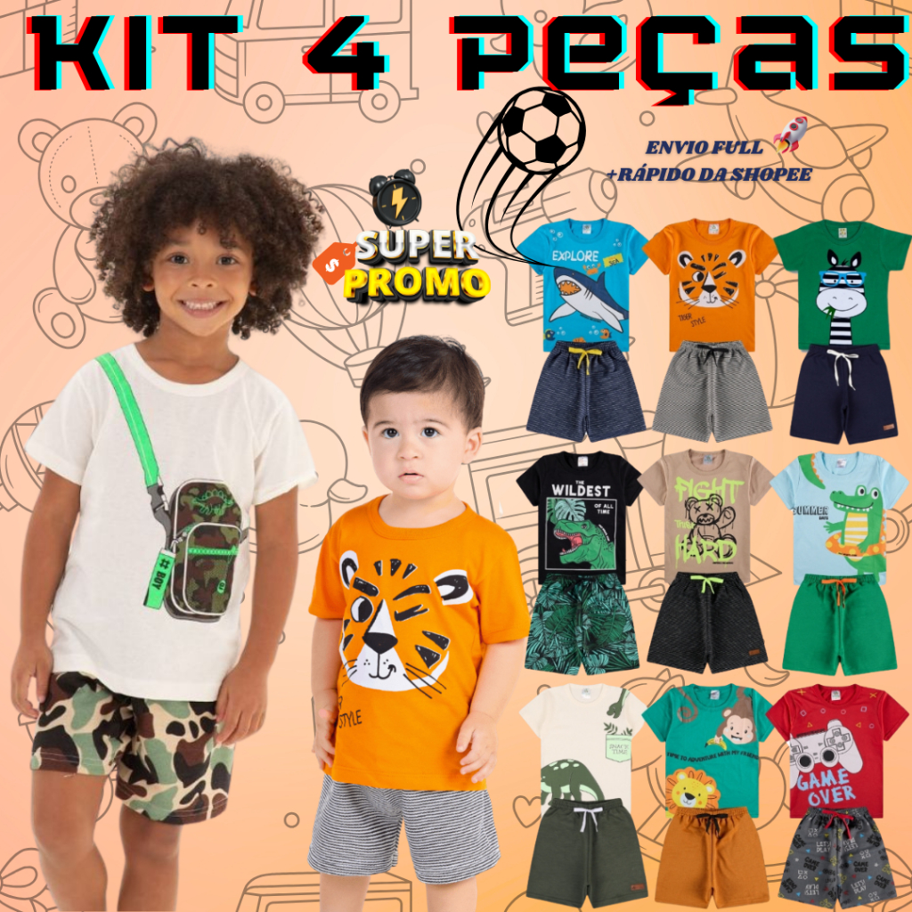 Kit 4 Peças Conjunto Infantil Menino Cotton Premium Roupa Infantil Roupa Bebê Algodão 1 a ...