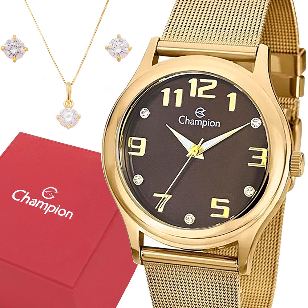 Relógio Champion Feminino Dourado Prova d'água com 1 ano de garantia e colar e brincos - Watches
