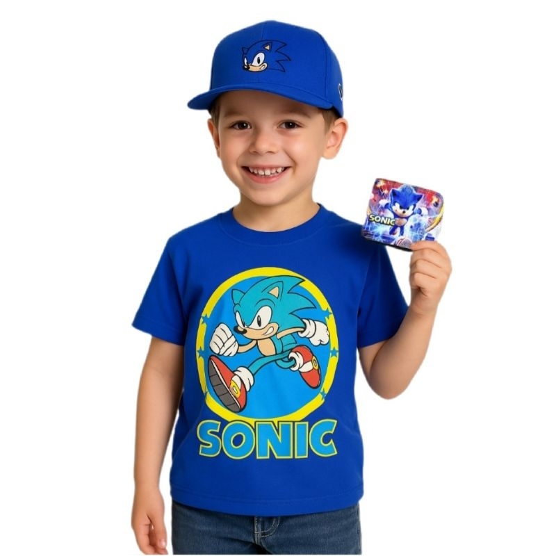 Kit Infantil do Sonic Carteira Boné e Camiseta Para Meninos 3 a 12 anos