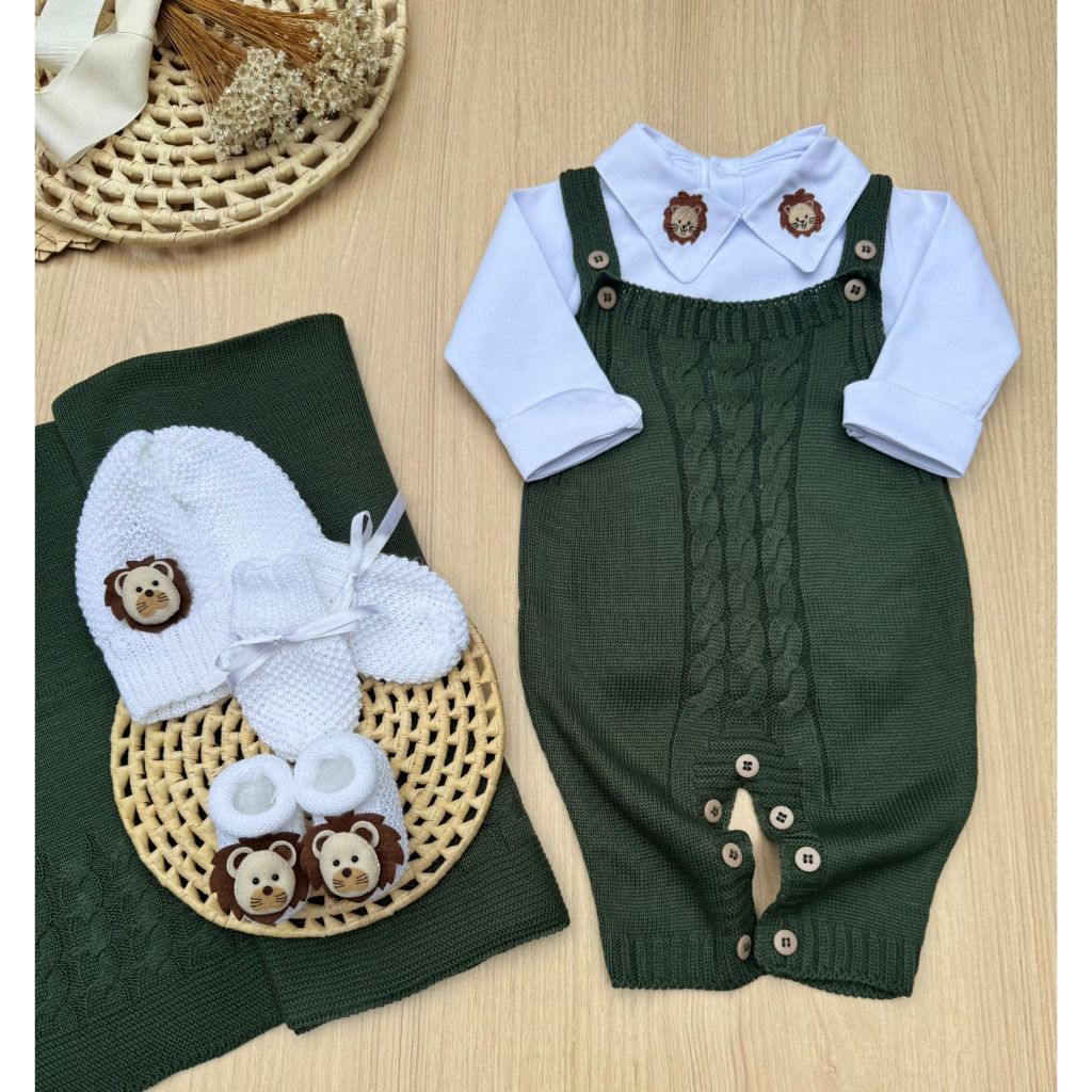 Saída de maternidade menino jardineira tricot verde militar Kit leãozinho branco 6 peças em Oferta na Shopee