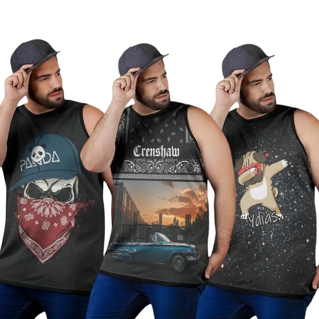 Kit 3 Camisetas Regatas Plus Size  Estampas Variadas Streetwear