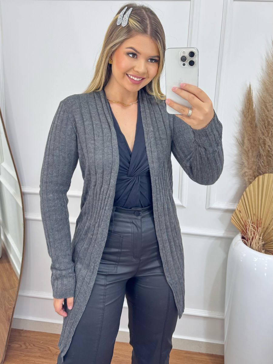 Cardigan Feminino Tricô Alongado Inverno Frio Casaco Malha Quentinho Elegante