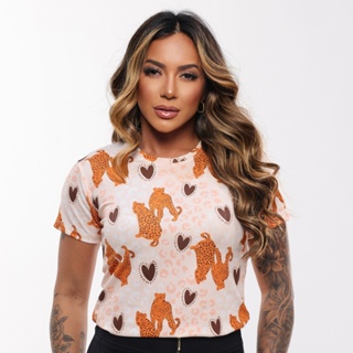 Blusa Tshirt Feminina - Onça e Coração em Oferta na Shopee