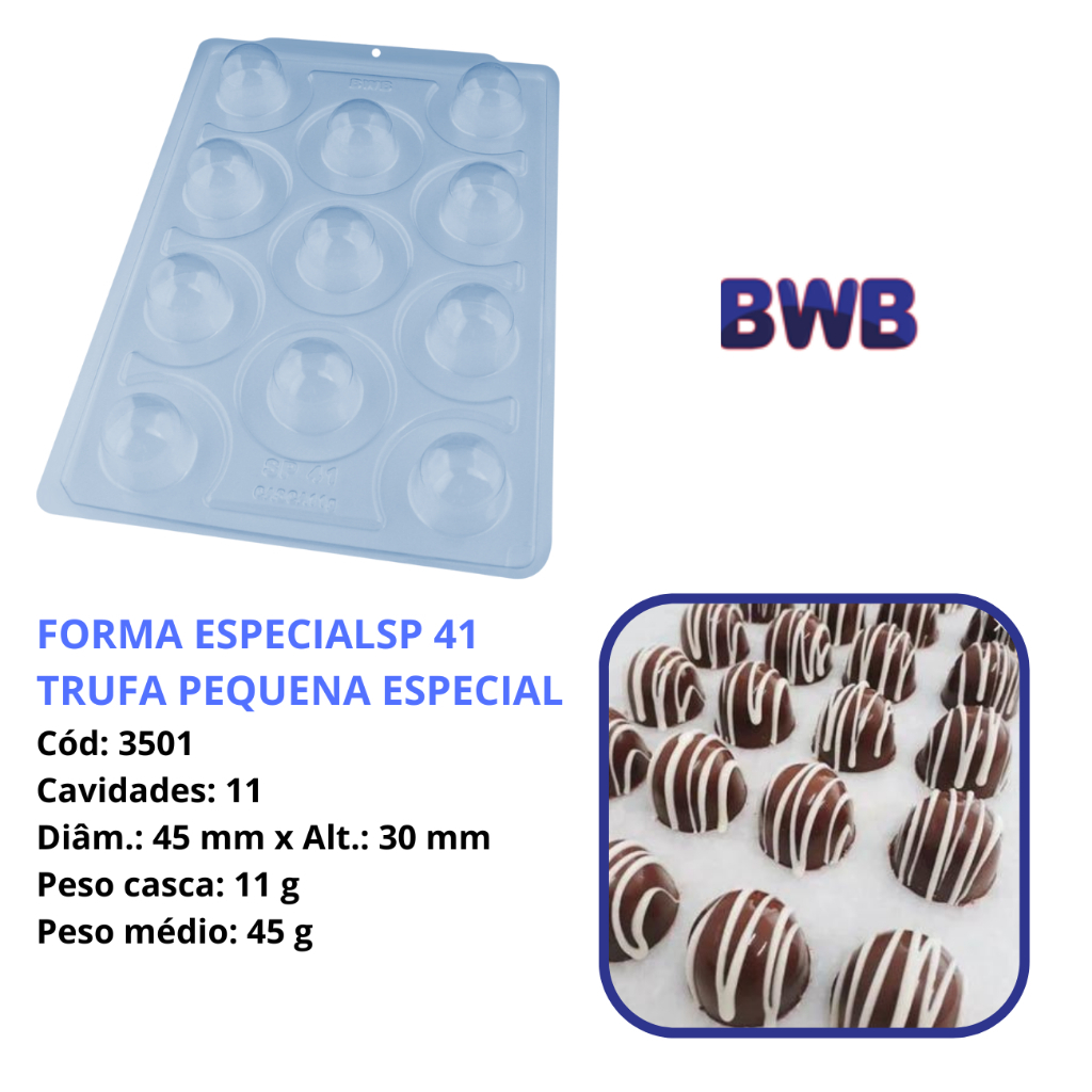 Detalhes do Forma SP41 Trufa Bombom 45g BWB   3 Partes c/ Silicone • 11 Cavidades • Linha Premium