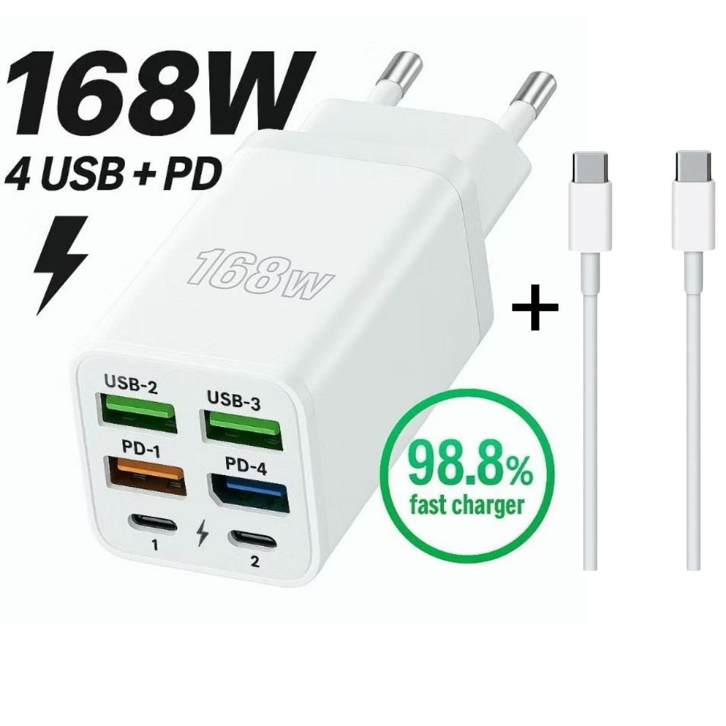 Kit Carregador 168W Rápido Multi Portas Flash 4USB + 2PD 5V 3A USB Tipo C Adaptador De Energia com Cabo Tipo C