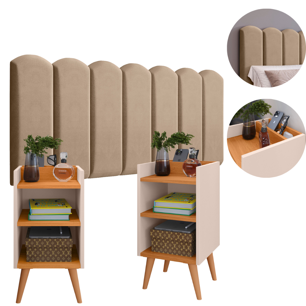 2 de Mesa de Cabeceira Nicho Porta treco Celular Organizador + Kit de Módulo NUVEM Estofad...