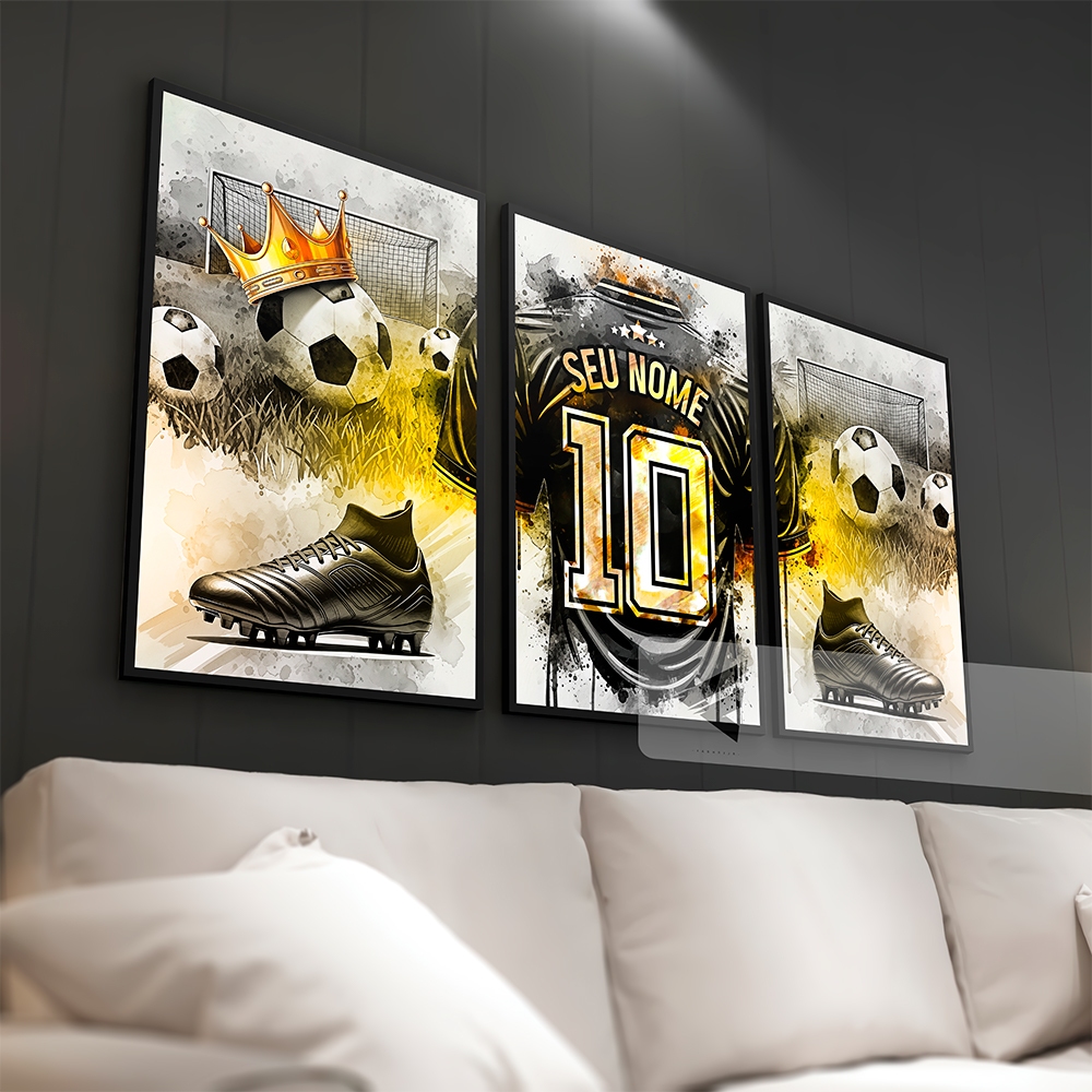 Kit 3 Quadros Decorativos Futebol  c/ *NÚMERO* & *NOME* PERSONALIZADOS para quarto, sala all em Oferta na Shopee