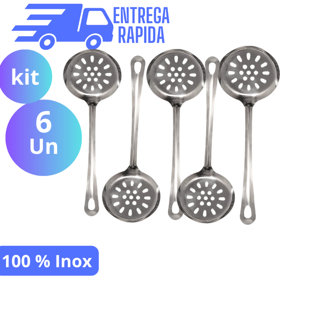 KIT 6 Escumadeira Utensílio de Cozinha em Aço Inox Servir Feijão Sopas e Caldos Espumadeira
