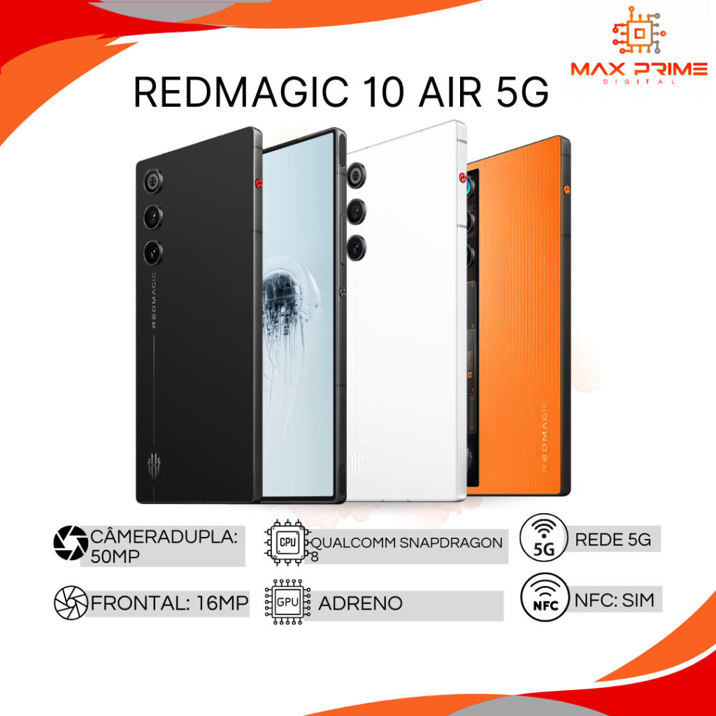 Redmagic 10 AIR 5G, Câmera dupla 50MP, 256GB/12 e 512/16GB RAM, Processador Snapdragon 8 Gen 3 Versão Global em Oferta na Shopee