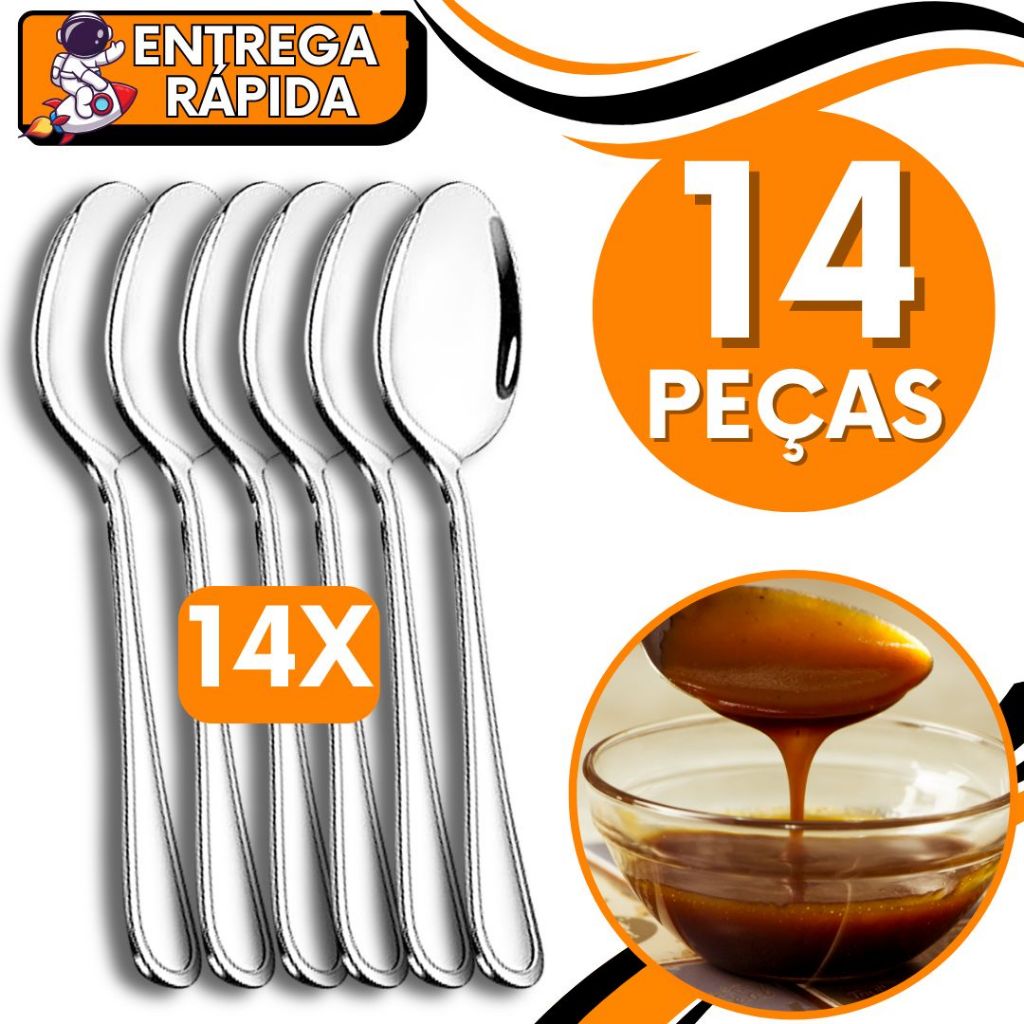 KIT 14 Colher Mesa Sopa Caldo Arroz Risoto Pure Aço Inox Resistente Talher Grande Casa Cozinha Restaurante Pizzaria