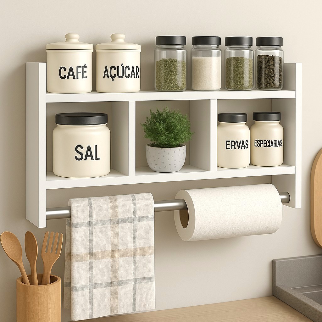 Nicho Porta Papel Toalha e Condimentos Potes Cozinha Banheiro 100% MDF BRANCO TX 15mm Tubo...