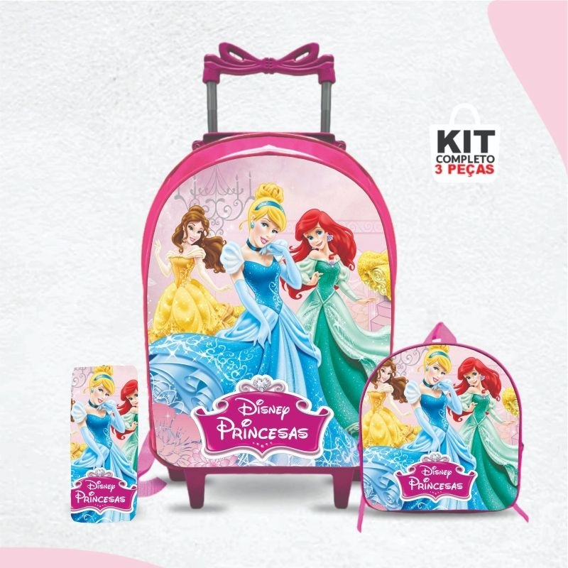 Kit mochila escolar Princesas com lancheira e Estojo -Carrinho com Rodinhas - Menina - Feminino