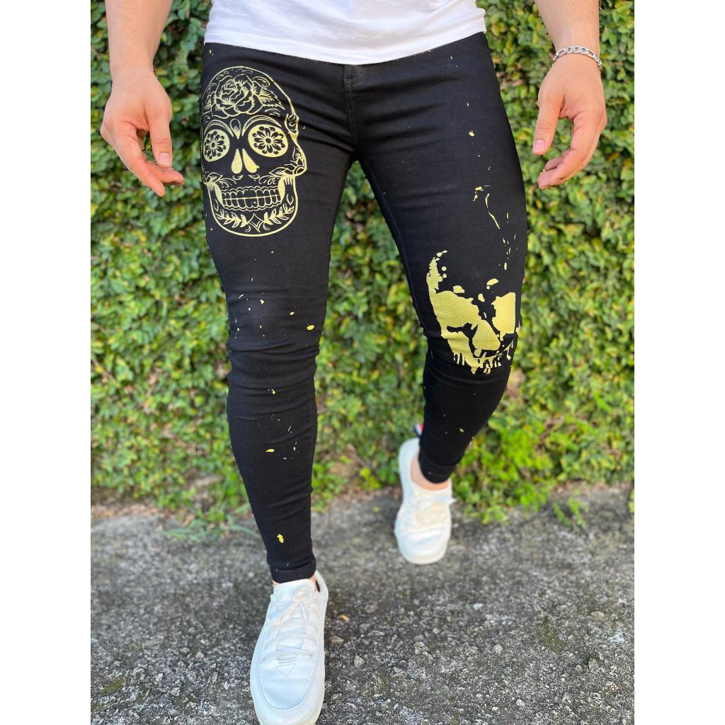 Calça Jeans Preta Super Skinny Caveira Mexicana