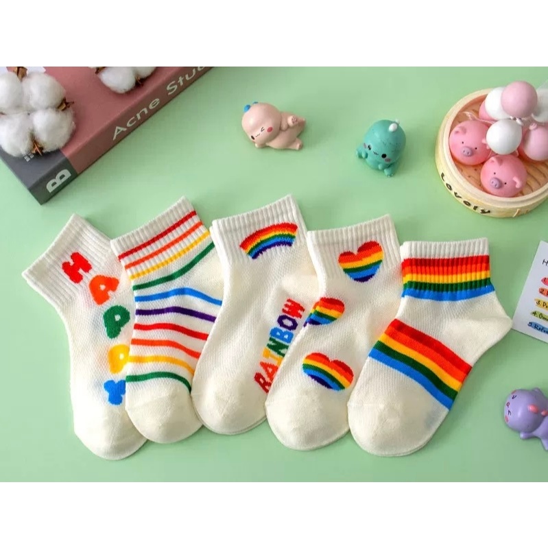 KIT 3-12 Pares Meias Infantis de Algodão Listradas em Arco-Íris - Tamanhos 2-10 Anos