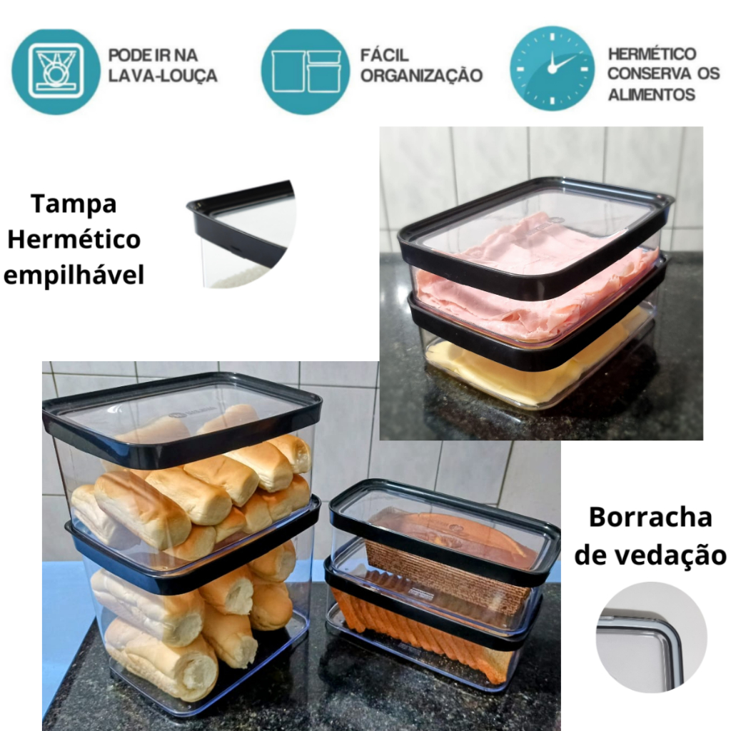 Kit de 6 Potes Herméticos para Pães, Bolos, Frios Torradas e Utilidades domésticas – Fácil | Lavável