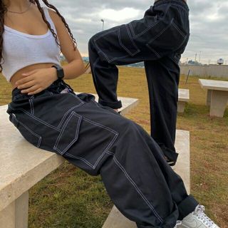 Calça Cargo jeans e sarja LARGA Skate Preto 6 Bolsos C-Cordão Unissex Aesthetic em Oferta na Shopee