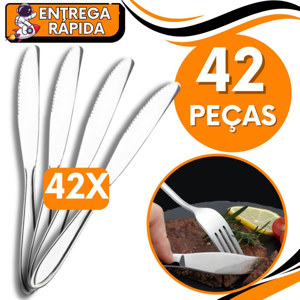 KIT 42 Faca Mesa Serrilhada Churrasco Carne Legumes Aço Inox Resistente Talher Grande Casa Cozinha Restaurante Pizzaria