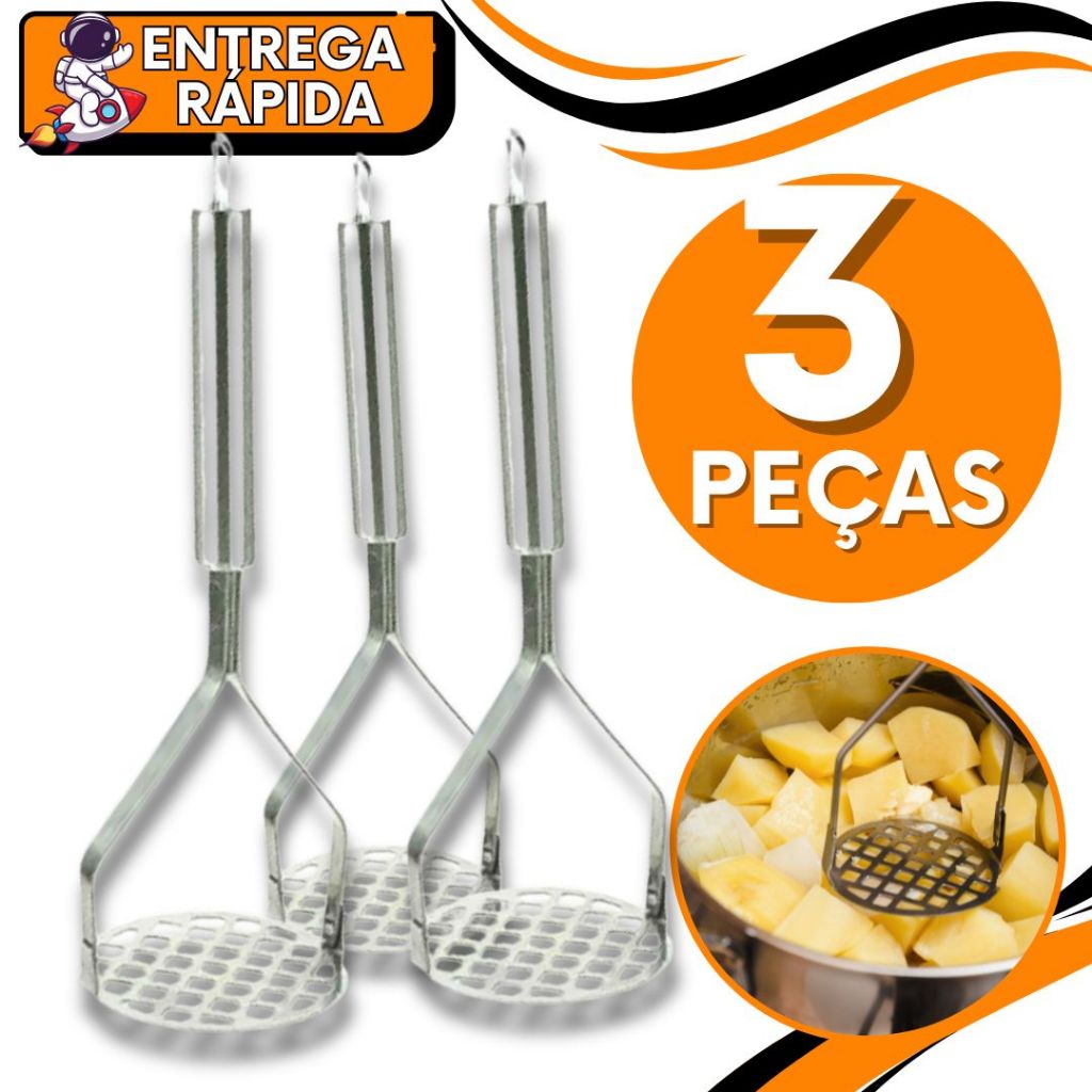 kit 3 Amassador Esmagador triturador de Batata Pure Legumes Frutas Sopinha Utensilio cozinha Aço Inox Premium Resistente