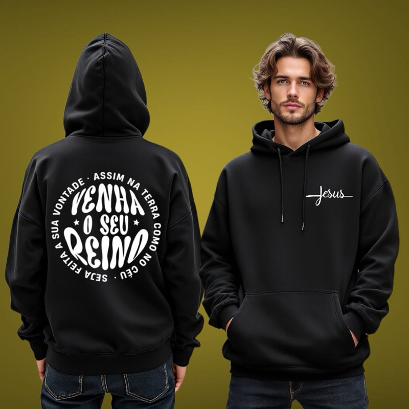 Blusa de Frio com Capuz Moletom Cristão Pai Nosso Inverno Flanelado Jesus Canguru Moda Masculina Quente Unissex Gospel