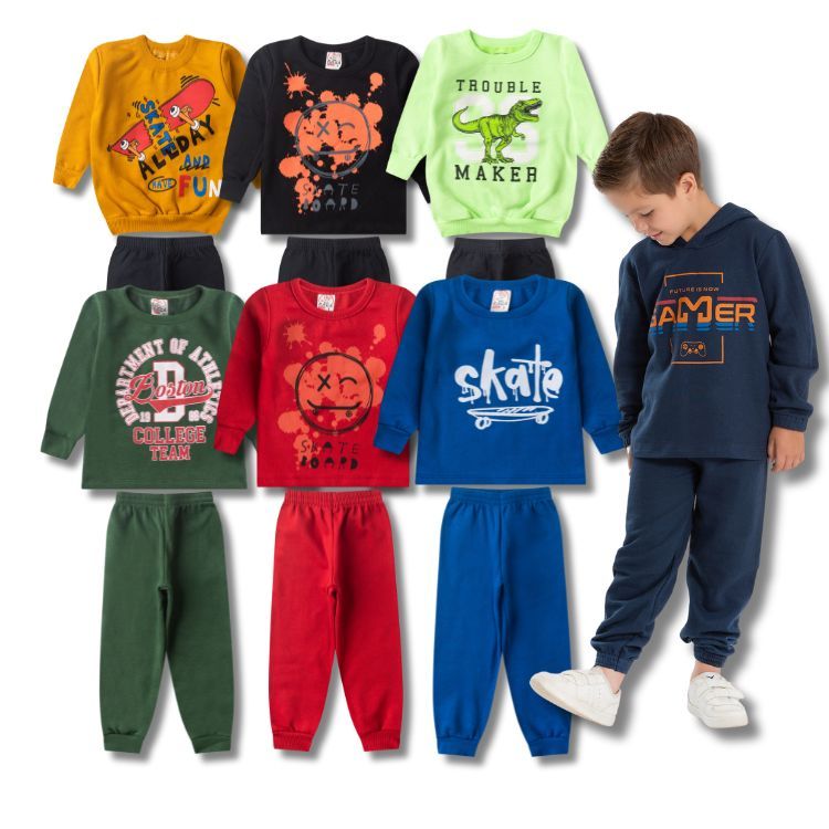 Kit 6 Peças Moletom Masculino Infantil Inverno - Kit 3 Conjuntos Moletom - 3 Casacos + 3 Calças
