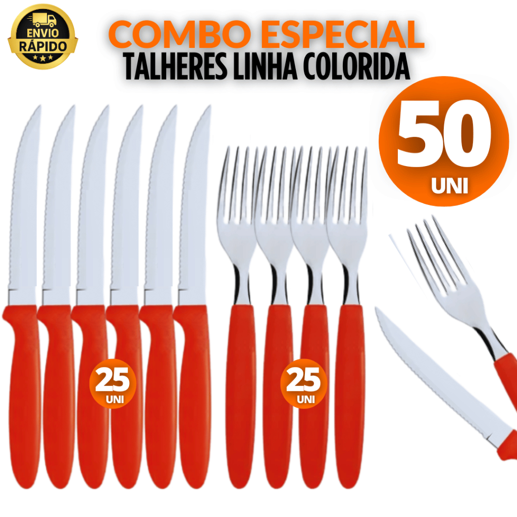 Kit 50 Talheres 25 Garfos 25 Facas Inox Cabo Vermelho Jantar Almoço e Refeições Variáveis Utilidades