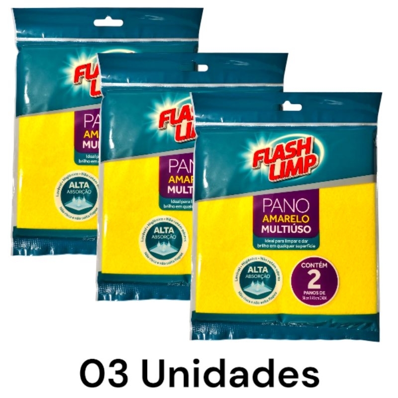 Kit 03 pack Pano Amarelo Multiuso Flash Limp não risca brilho casa faxina limpeza casa cozinha