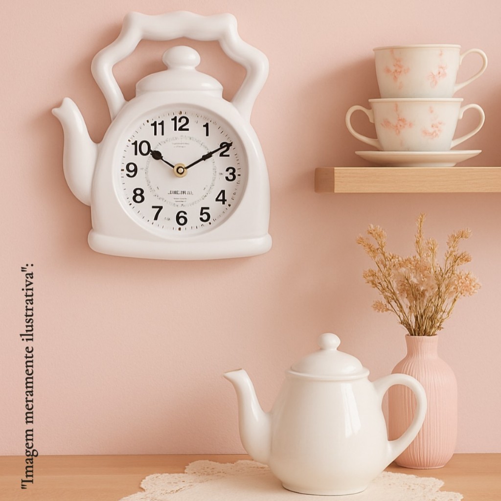 Relógio Parede Decorativo Formato Chaleira Bule Branco Cozinha Criativa 23,5x21,5cm