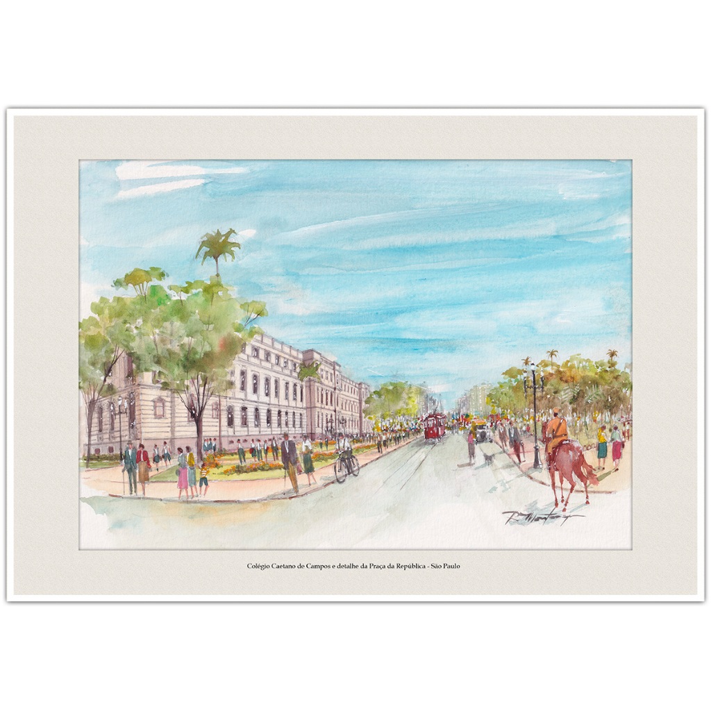 Colégio Caetano de Campos e Praça da República - São Paulo | Arte Aquarela para Quadro Decorativo A4
