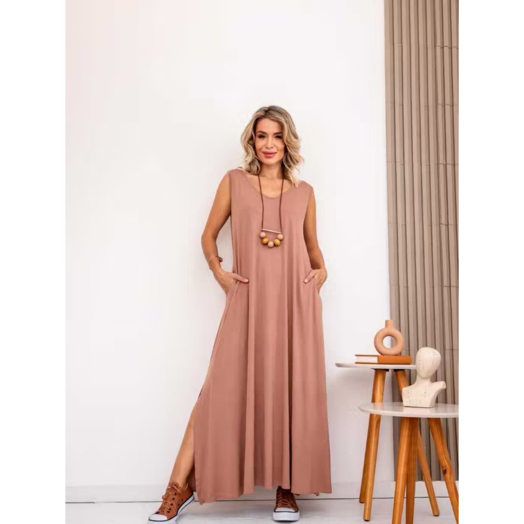 Vestido Longo Plus Size Regata Viscolycra com Bolsos