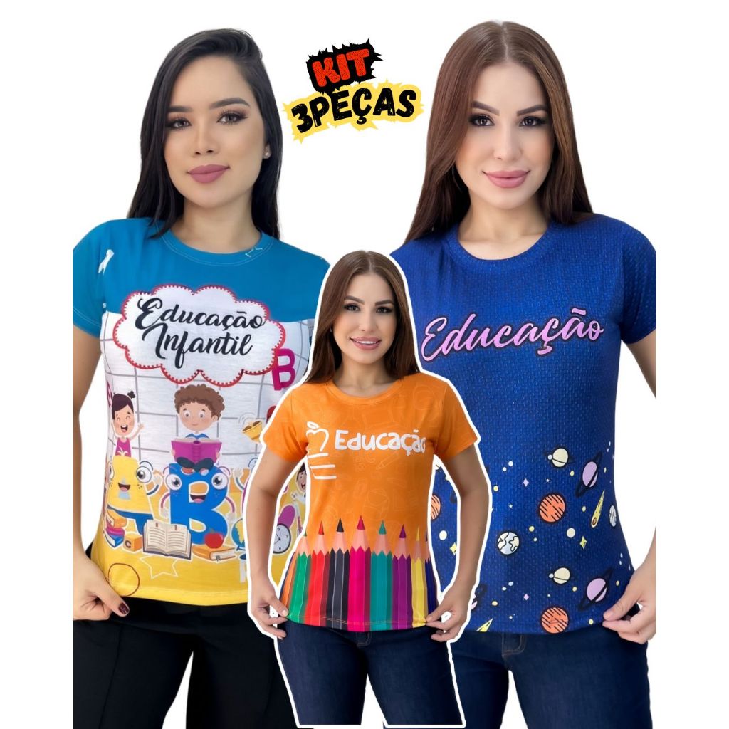 Kit 3 - Blusa Feminina Professora Camiseta Educação Blusa Educação Infantil Uniforme Professores em Oferta na Shopee